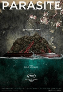 Parasite Movie Poster Stone and flowers and title and director name